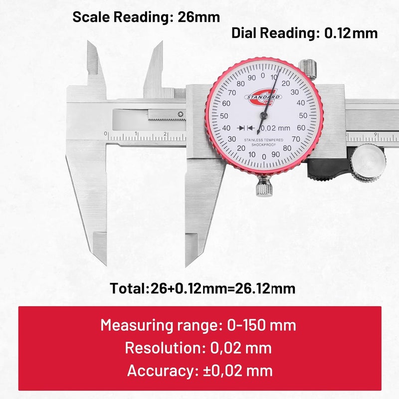 Standard Gage Metric Dial Caliper Measuring Tool 0-150mm Range, Analog Precision Caliper ±0.02mm Accuracy, Manual Mechanical Metal Stainless Steel Measuring Dial with 4-Way Measurements - Image 3